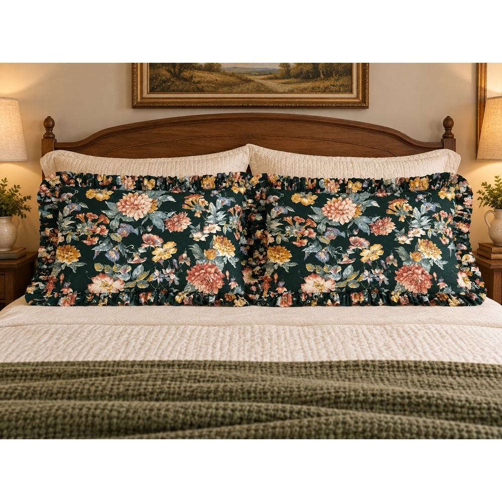 Vintage King Pillow Shams Set of 2 Green Floral Ruffle Cottagecore 25x38.5